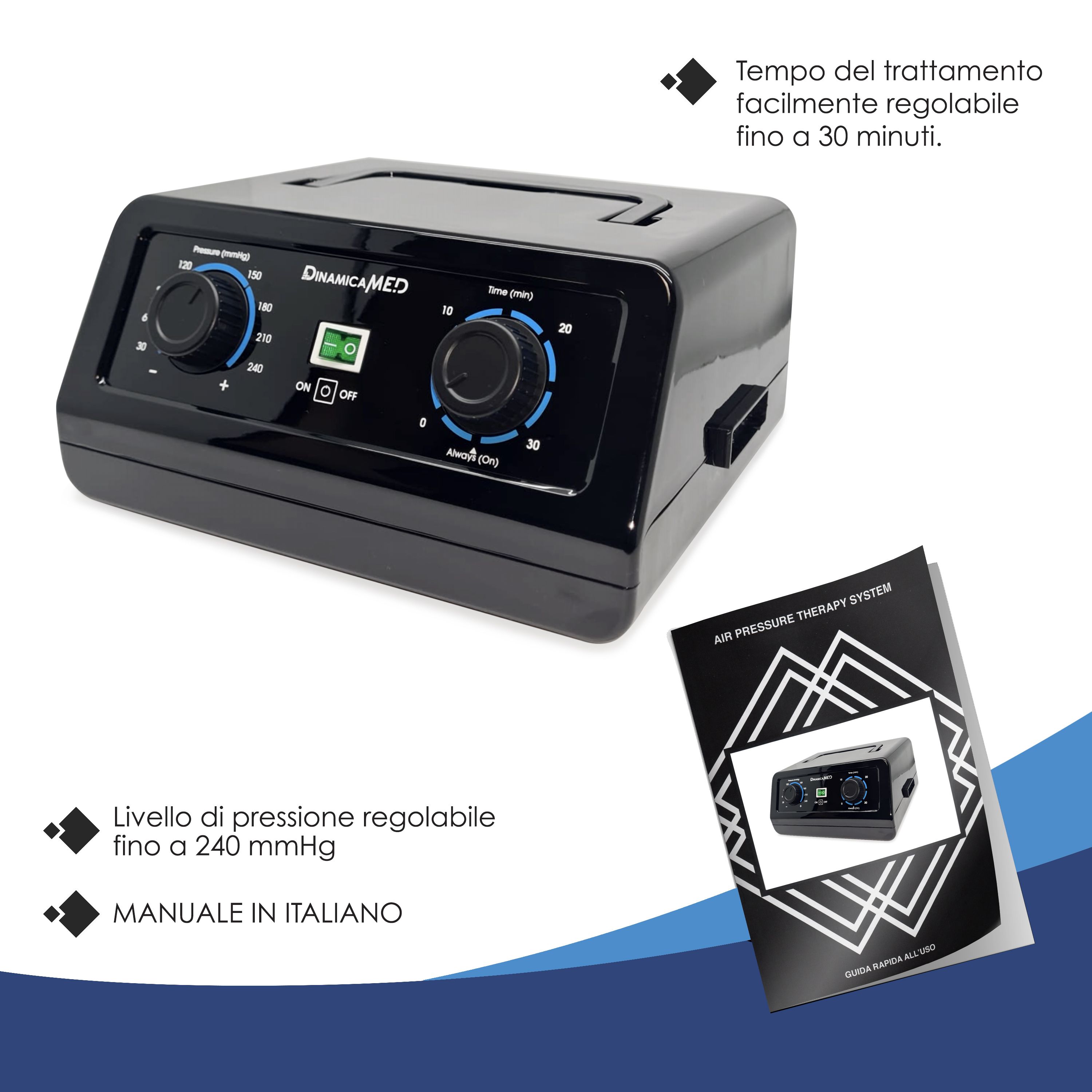 Apparecchio DinamicaMed® con manopole, display e manuale.