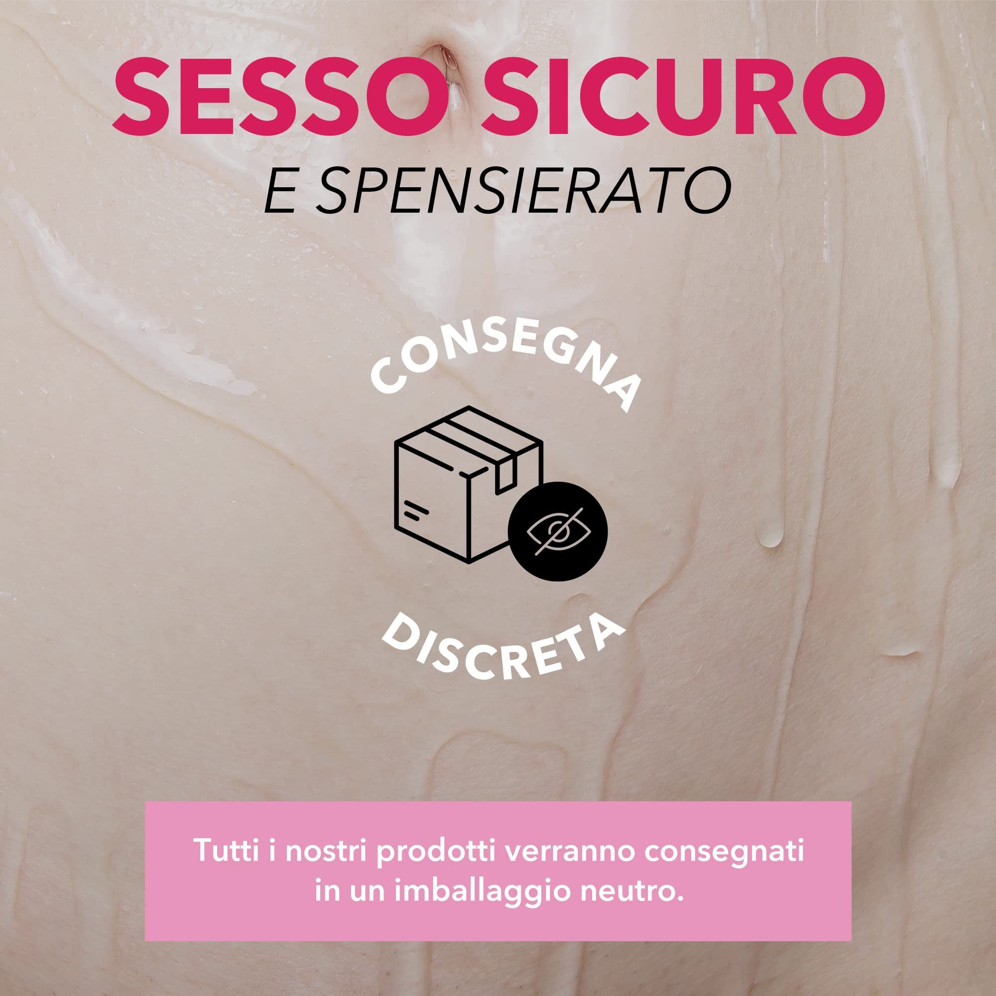 Primo piano di un addome con testo sulla consegna discreta e l'imballaggio neutro.