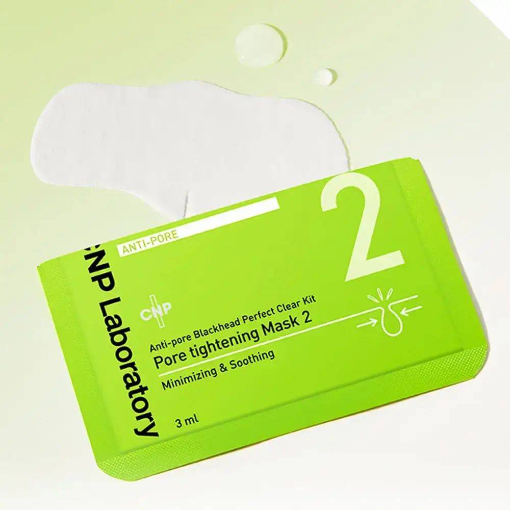 CNP Laboratory Anti-Pore Pore Tightening Mask 2. Confezione verde. Testo: Anti-Pore, Minimizing & Soothing, 3 ml.