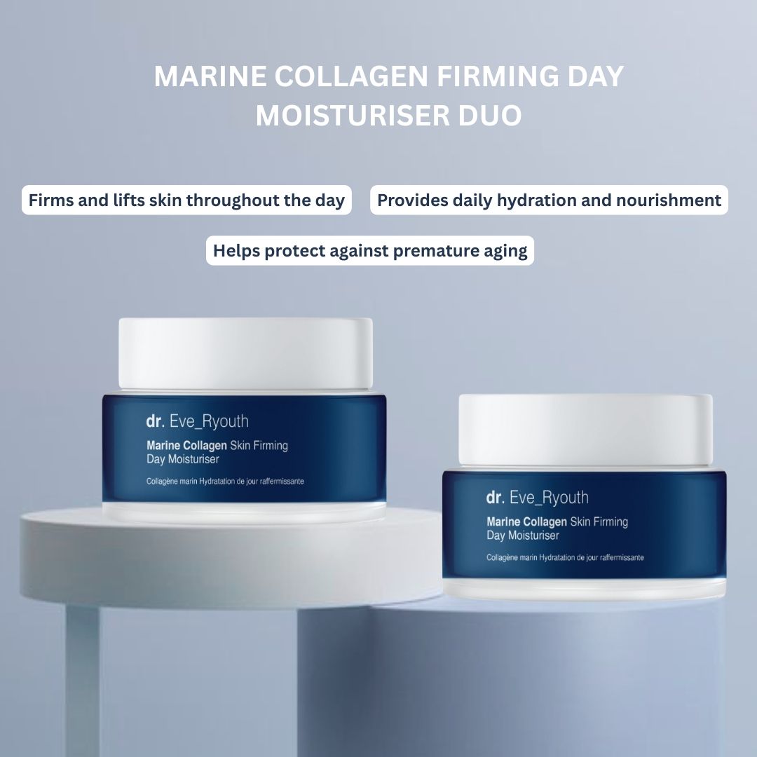 Due vasetti di crema giorno Dr. Eve_Ryouth Marine Collagen. Contenitori blu con coperchi bianchi. Testo: Marine Collagen Skin Firming Day Moisturiser.