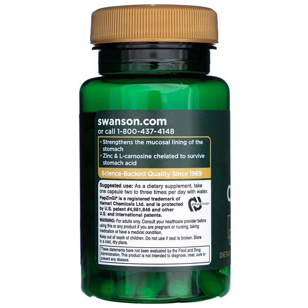 Retro di un barattolo verde Swanson Zinco Carnosina, consigli d'uso e informazioni sul prodotto.