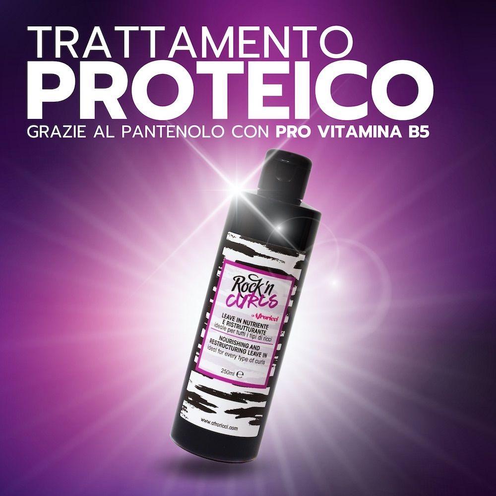 Flacone nero con etichetta bianca e rosa. Testo: Rock'n Curls, Leave In Nutriente e Ristrutturante, 250ml.