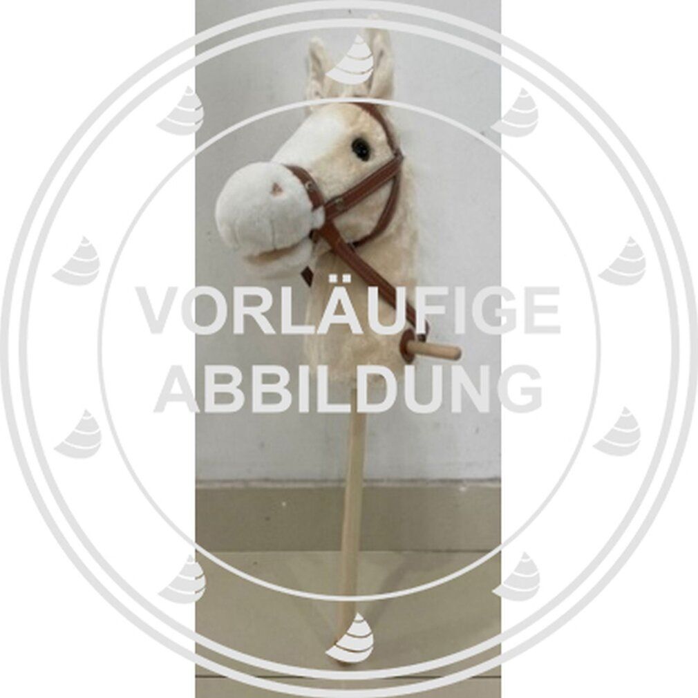 Cavallo a dondolo in peluche color crema, finimenti marroni. Manico in legno. Scritta: VORLÄUFIGE ABBILDUNG.