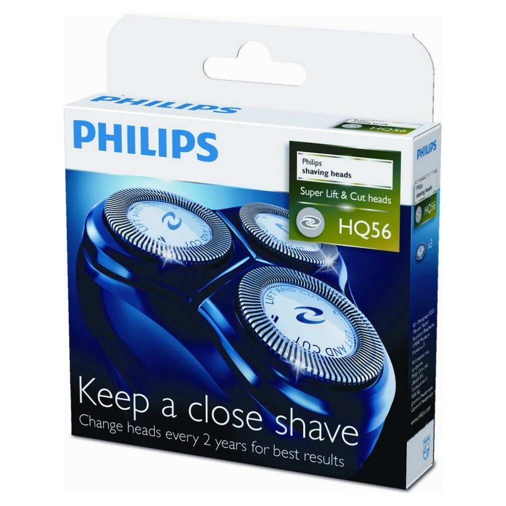 Confezione per lame di rasoio Philips HQ56. Scatola blu con immagine del prodotto e testo: "Keep a close shave".
