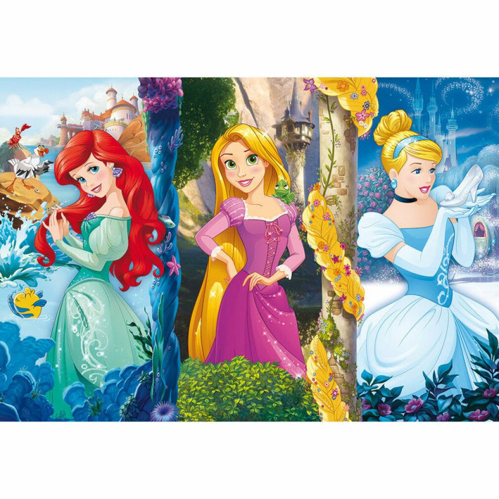 Motivo puzzle con Ariel, Rapunzel e Cenerentola. Sfondo con castello e fiori. Senza confezione.