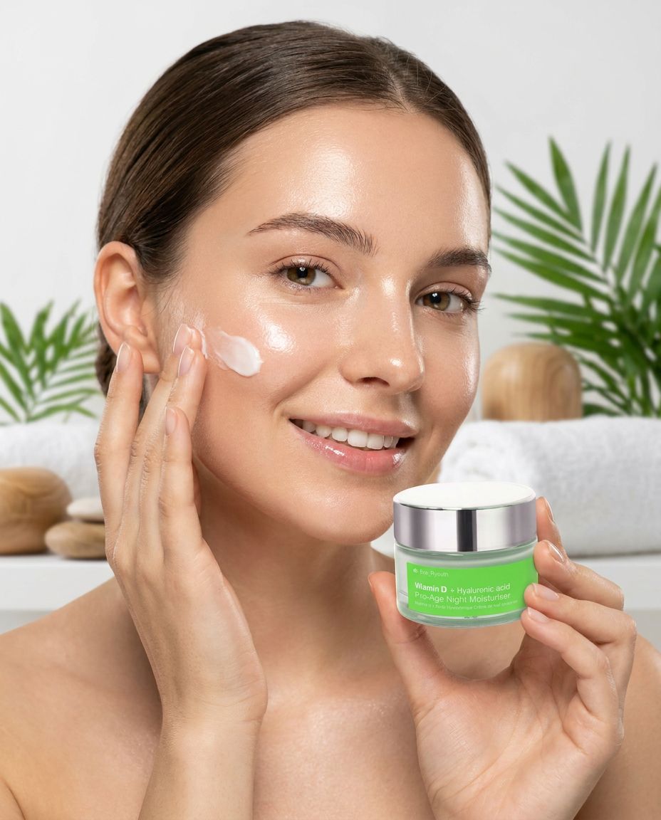 Una donna applica la crema notte Dr. Eve Ryouth, tenendo il barattolo in mano.