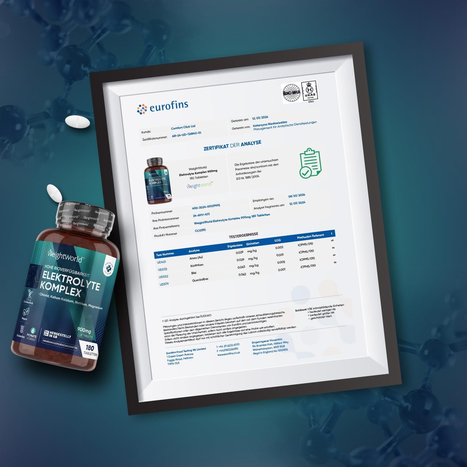 Certificato di Eurofins con flacone Elektrolyt Komplex e compresse. Cornice. Testo: Certificato di analisi.