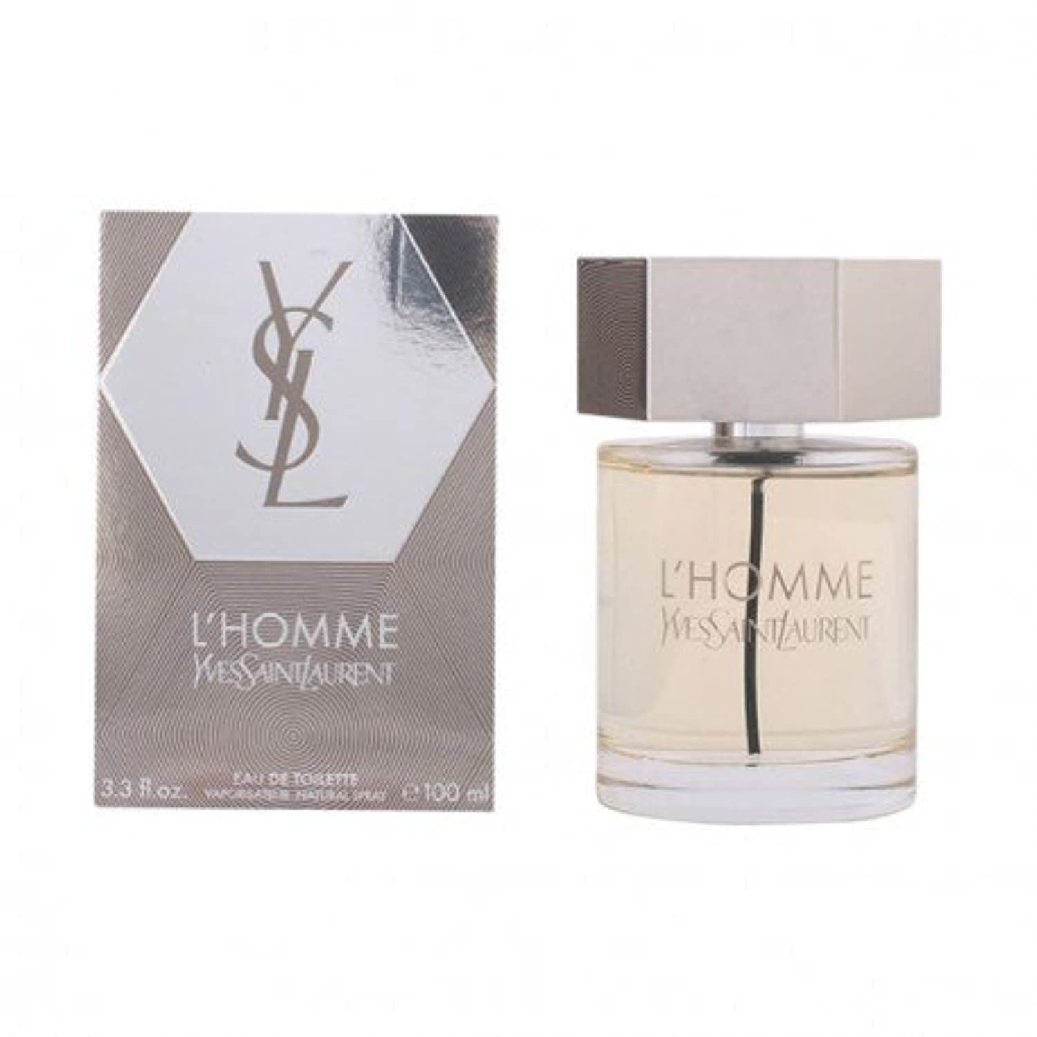 Flacone di profumo e confezione. Scritta L'HOMME YVES SAINT LAURENT. Logo argentato. Confezione e flacone affiancati.