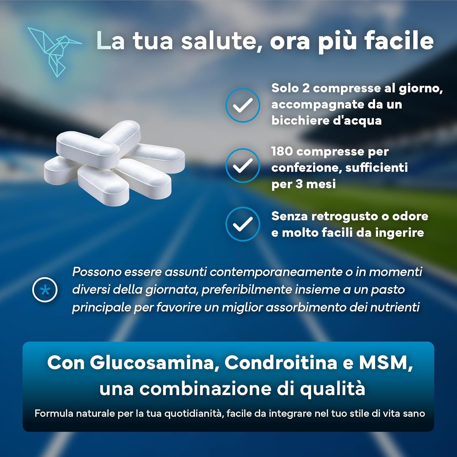 Diverse capsule bianche accanto a un bicchiere d'acqua. Il testo spiega l'assunzione di SEVENS NUTRITION Glucosamine Complex.