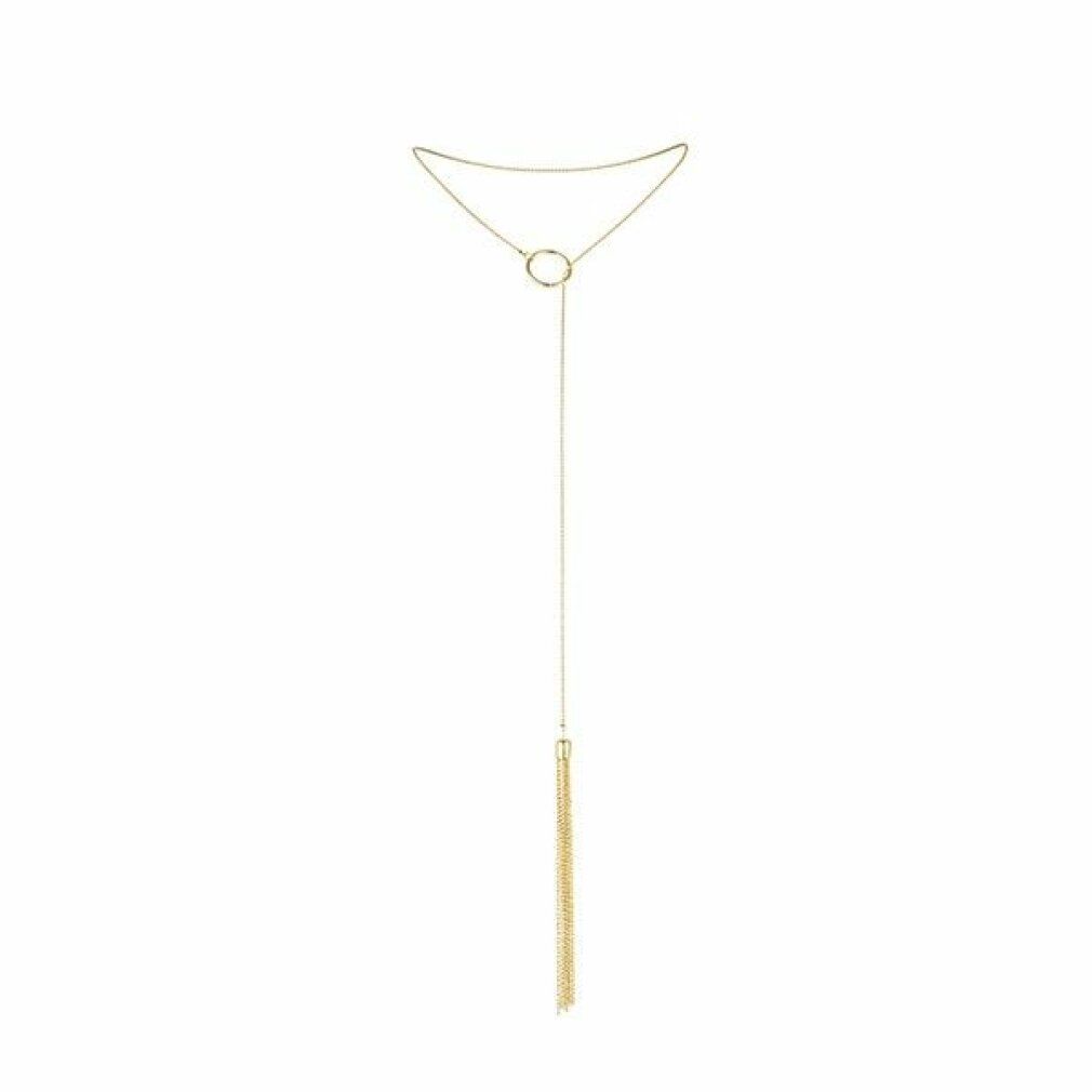Collana dorata con pendente. Catena con elemento rotondo e lungo pendente a nappa.