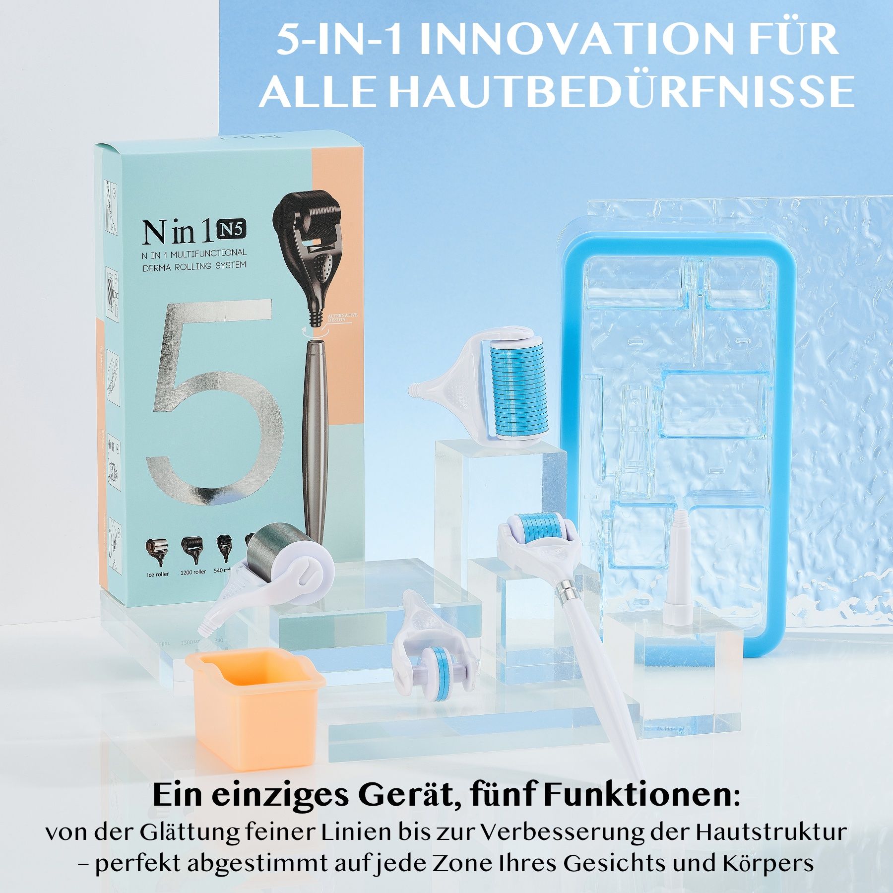 Set di derma roller multiplo. Contiene rulli, contenitore e accessori. Confezionato in una scatola con nome del prodotto e 5 in 1.