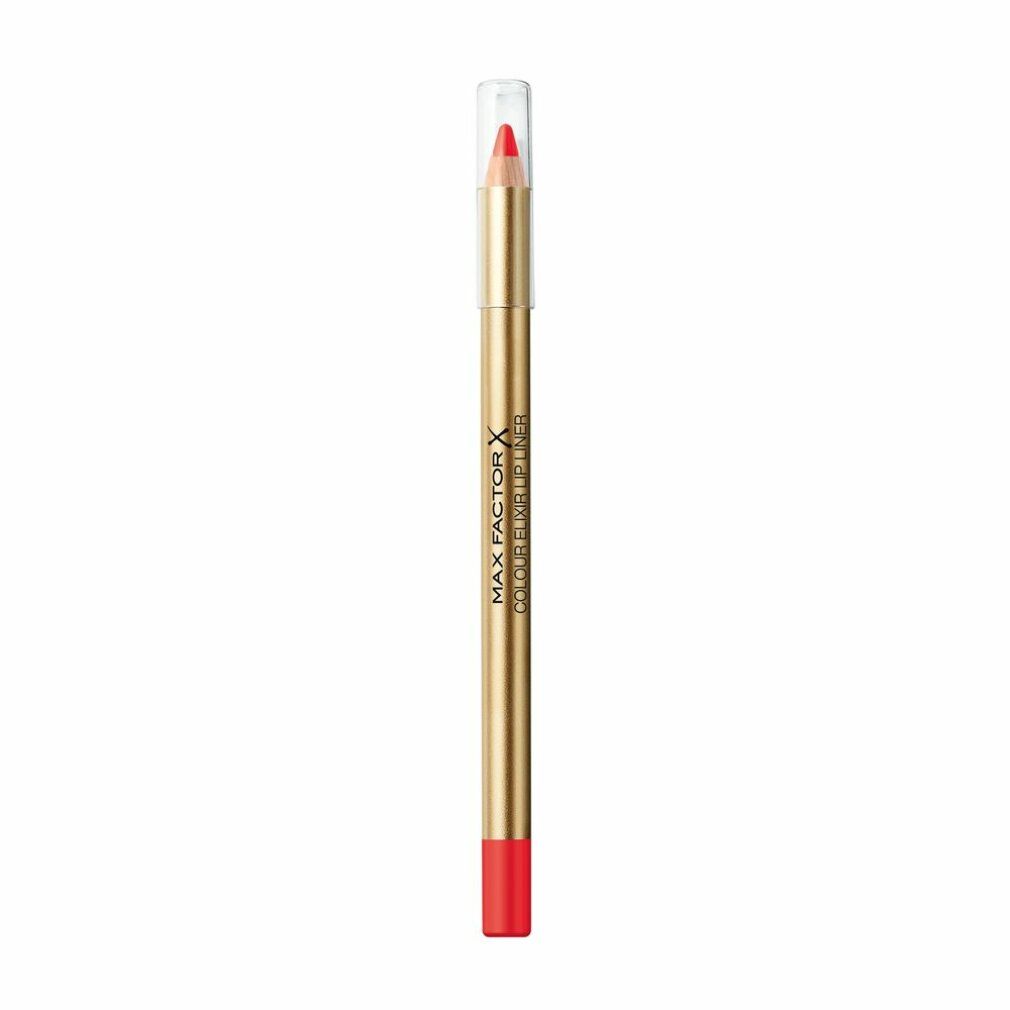 Matita labbra rossa con astuccio dorato e cappuccio trasparente. Scritta: Max Factor Colour Elixir Lipliner.