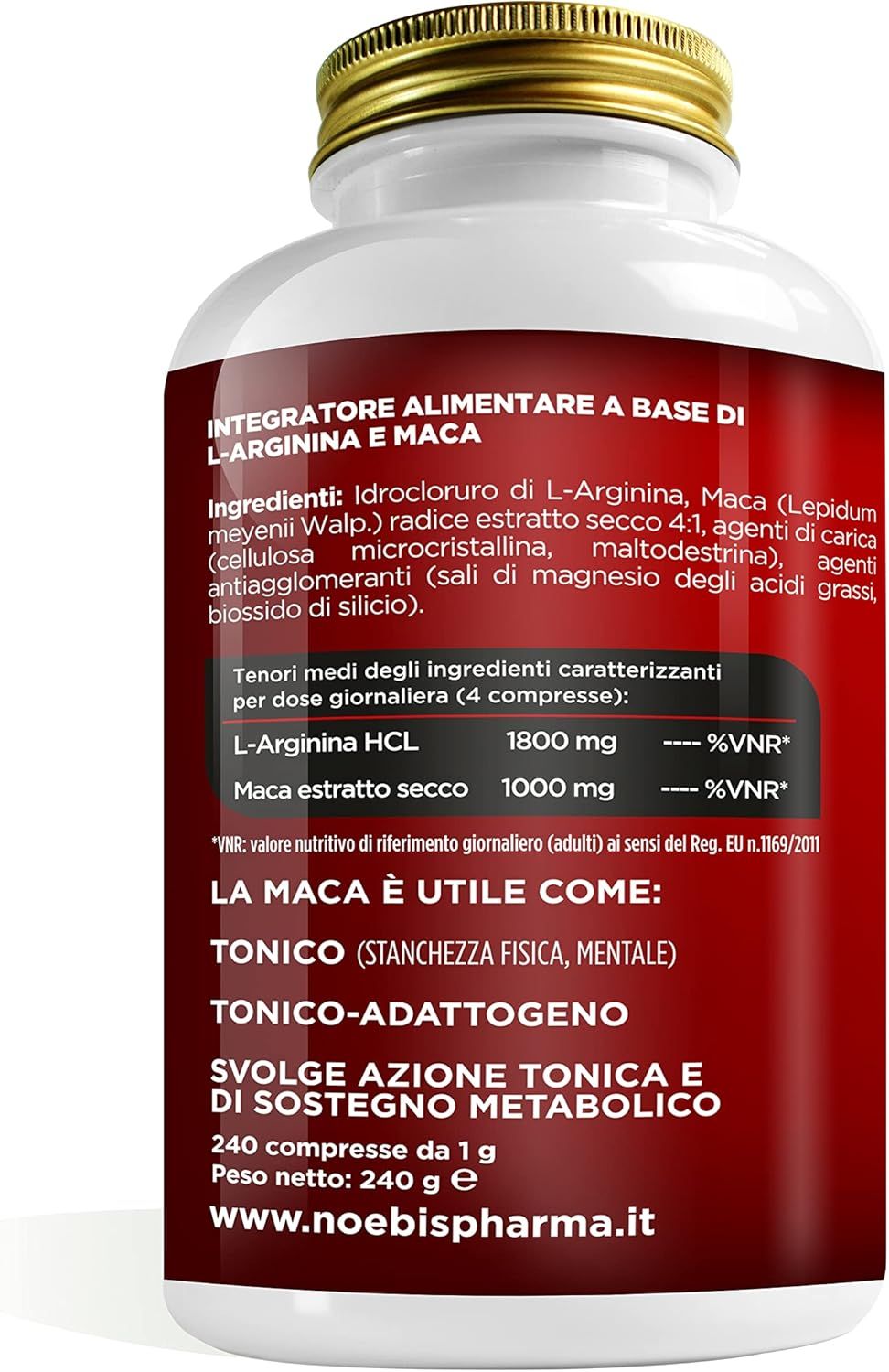 Retro di un flacone di Maca + L-Arginina, 240 compresse. Ingredienti e informazioni nutrizionali.