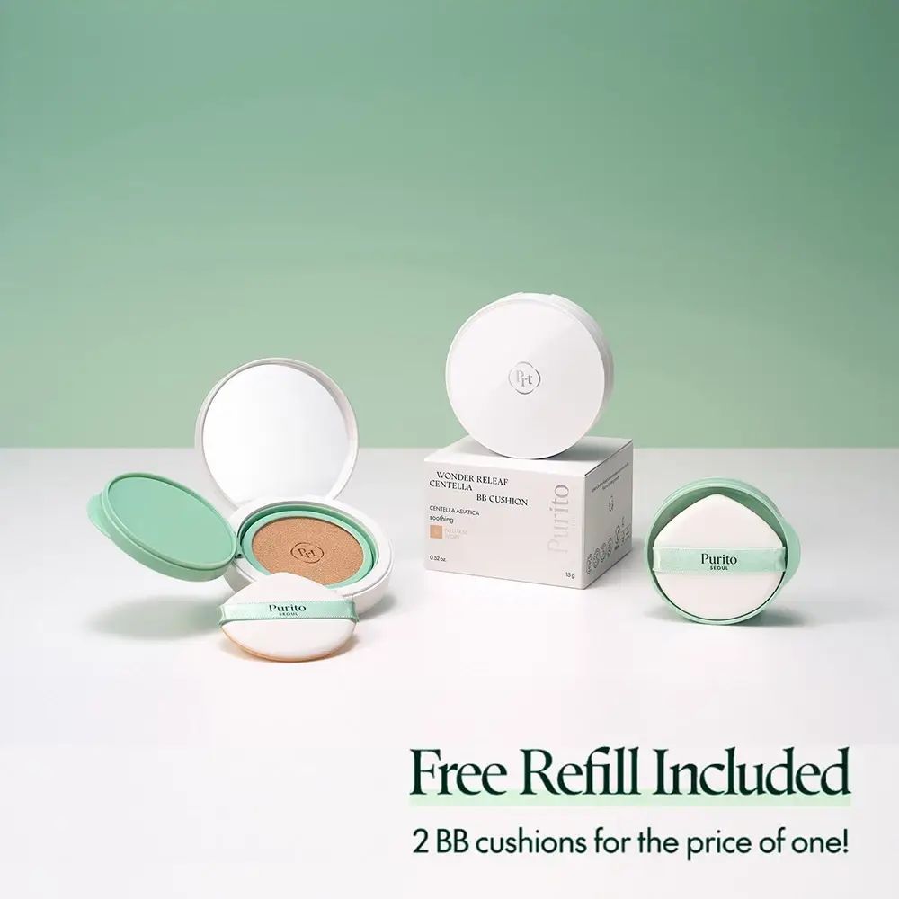 Confezione del prodotto con cushion, spugnetta e ricarica. Testo: Ricarica gratuita inclusa. 2 cushion BB.