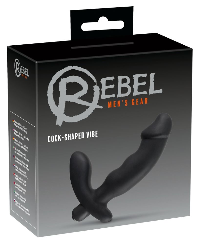 Vibratore nero a forma di pene. Confezione con immagine del prodotto e logo del marchio REBEL MEN'S GEAR.
