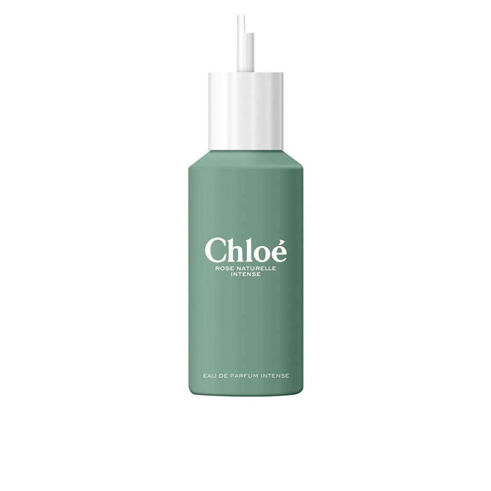 Flacone verde con tappo bianco. Scritta: Chloé, Rose Naturelle Intense. Eau de Parfum Intense.