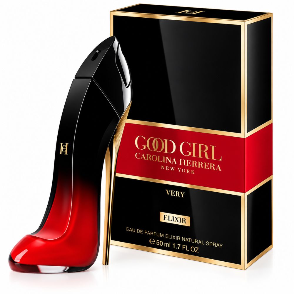 Flacone di profumo Carolina Herrera Good Girl Eau de Parfum Elixir a forma di tacco alto.
