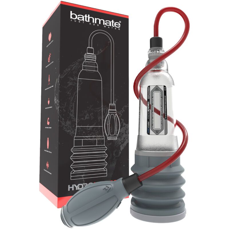 Bathmate HydroXtreme5: Cilindro trasparente, tubo rosso, pompa manuale e confezione.