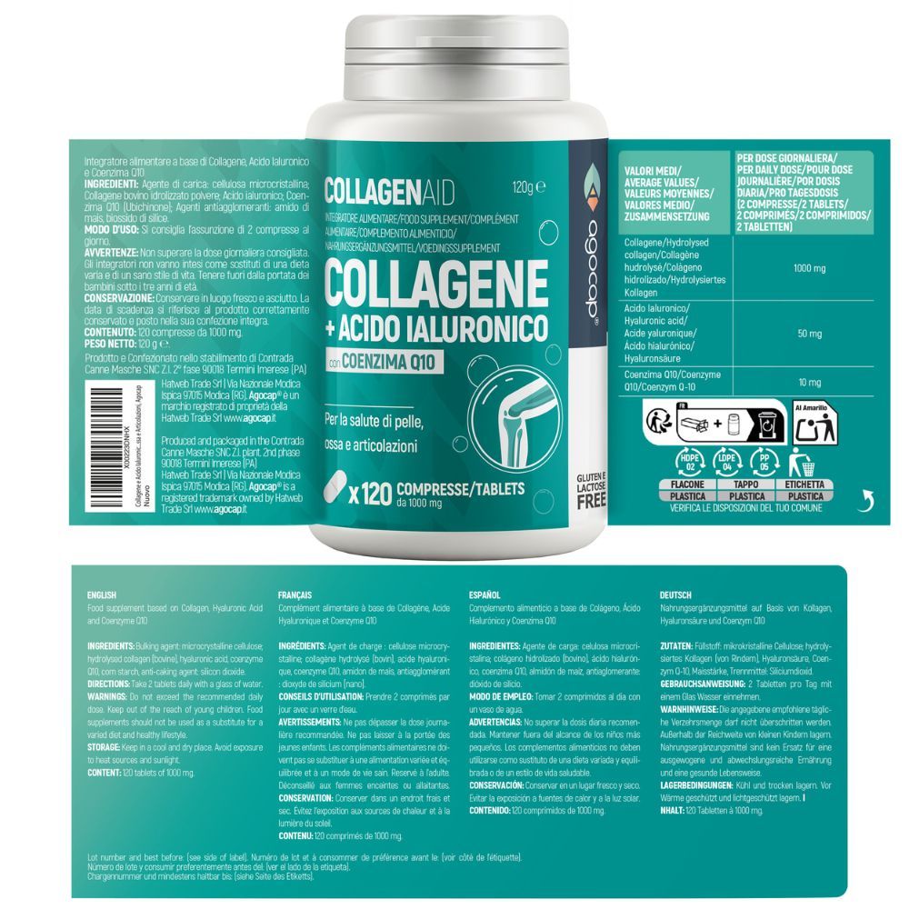 Confezione del prodotto con etichette. Testo: Collagene, acido ialuronico, Q10. Ingredienti, istruzioni per l'uso.