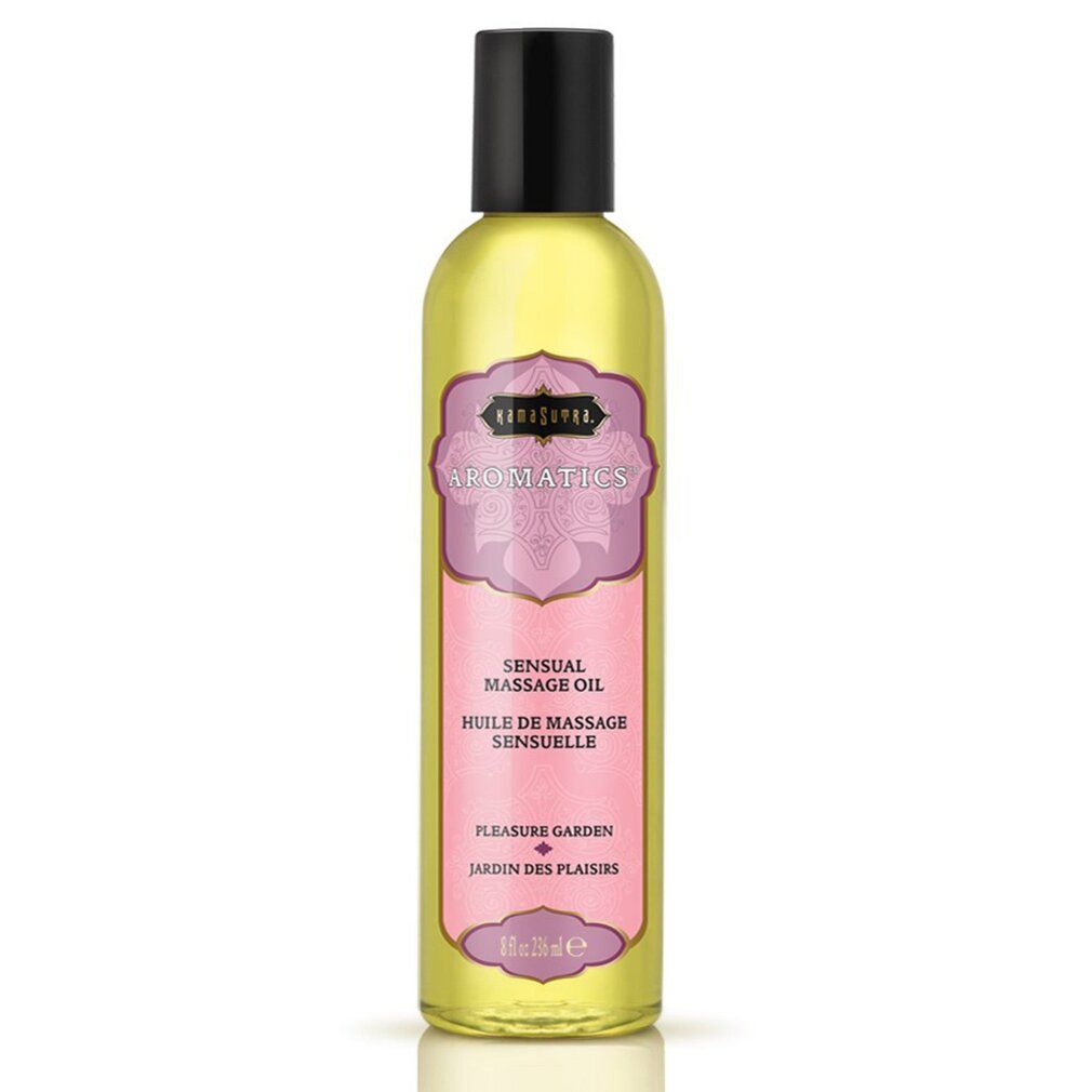 Flacone di olio da massaggio con etichetta rosa e tappo nero.