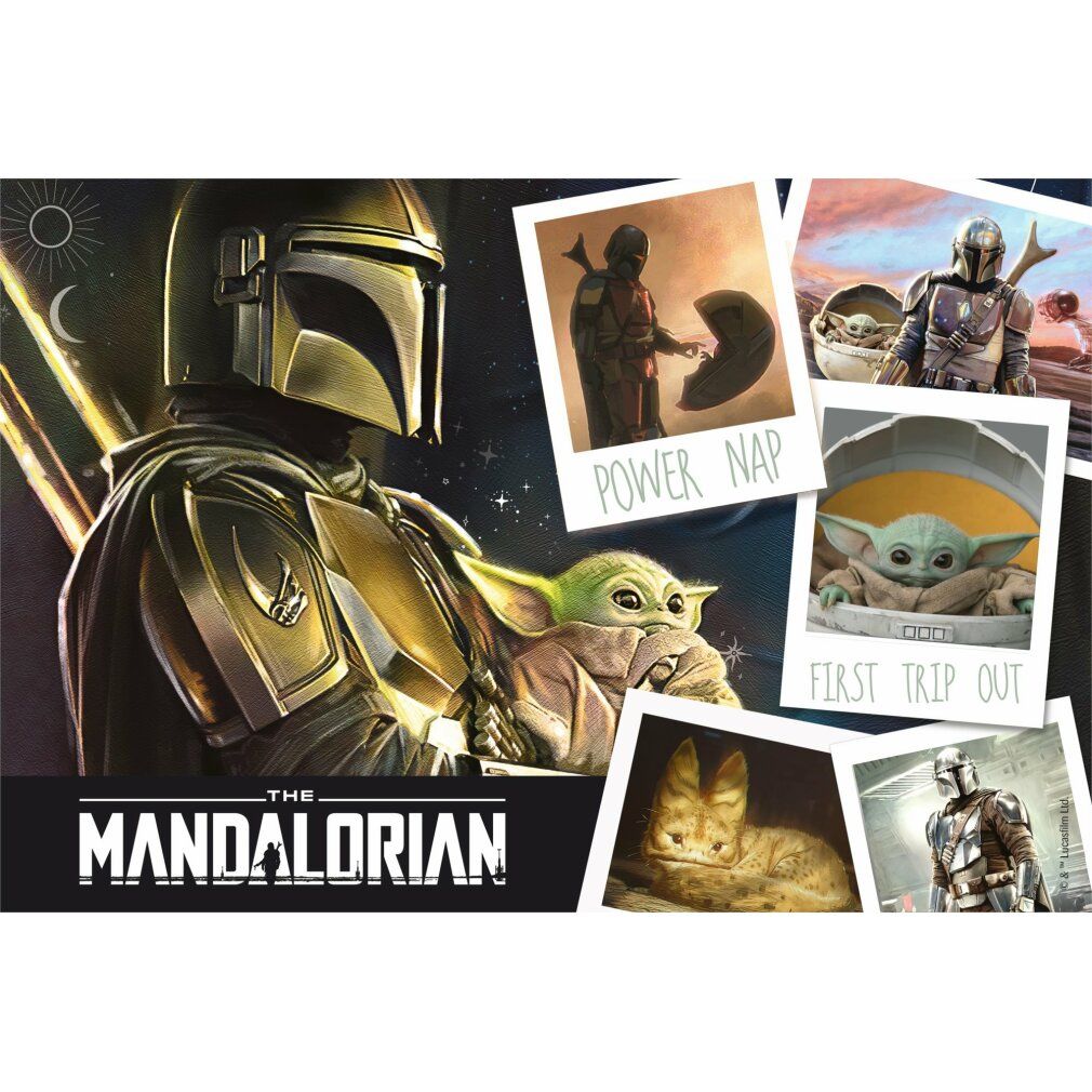 Motivo puzzle. Star Wars: Mandalorian. Il Mandaloriano e Baby Yoda. Immagini aggiuntive. Testo: The Mandalorian.