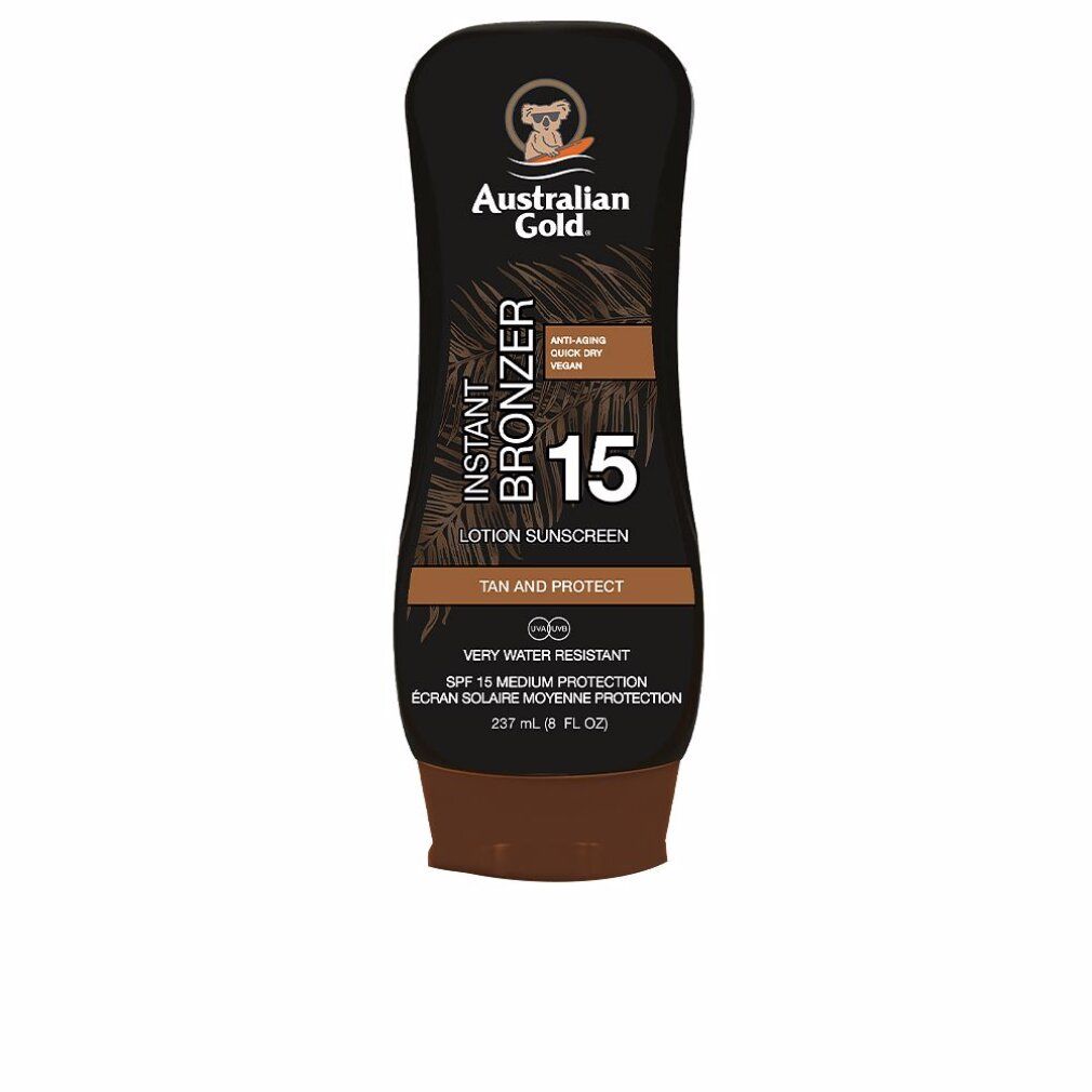 Flacone di lozione abbronzante marrone. Scritta: Instant Bronzer 15, SPF 15. Resistente all'acqua. Marchio: Australian Gold. Tappo nero, base marrone.