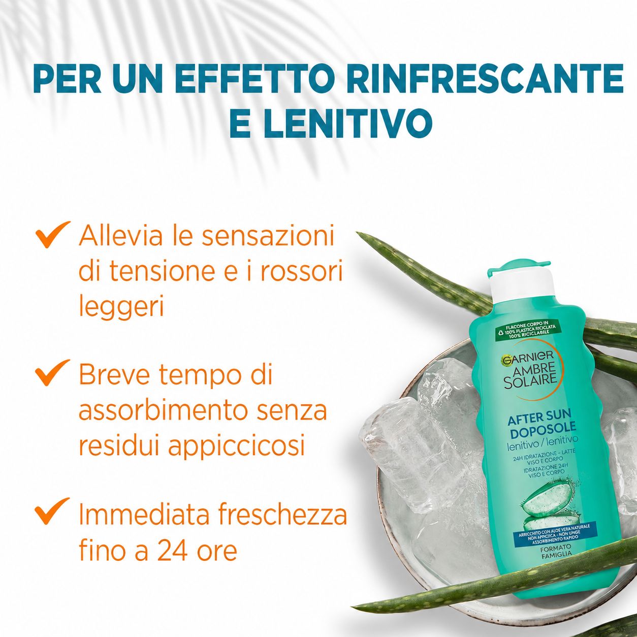 Garnier Ambre Solaire Doposole. Bottiglia con cubetti di ghiaccio e Aloe Vera. Testo: Allevia rossori, rapido assorbimento, freschezza immediata.