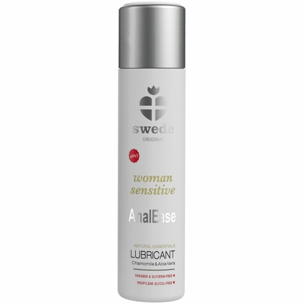 Flacone cilindrico con tappo argentato. Scritta: Swede, woman sensitive AnalEase, Lubricant. Con camomilla & aloe vera.