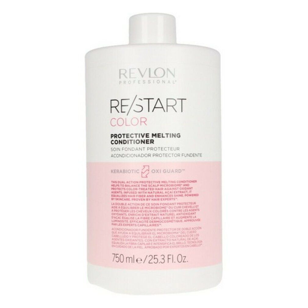 Flacone bianco con etichetta rosa. Scritta: RE/START COLOR Protective Melting Conditioner. 750 ml.