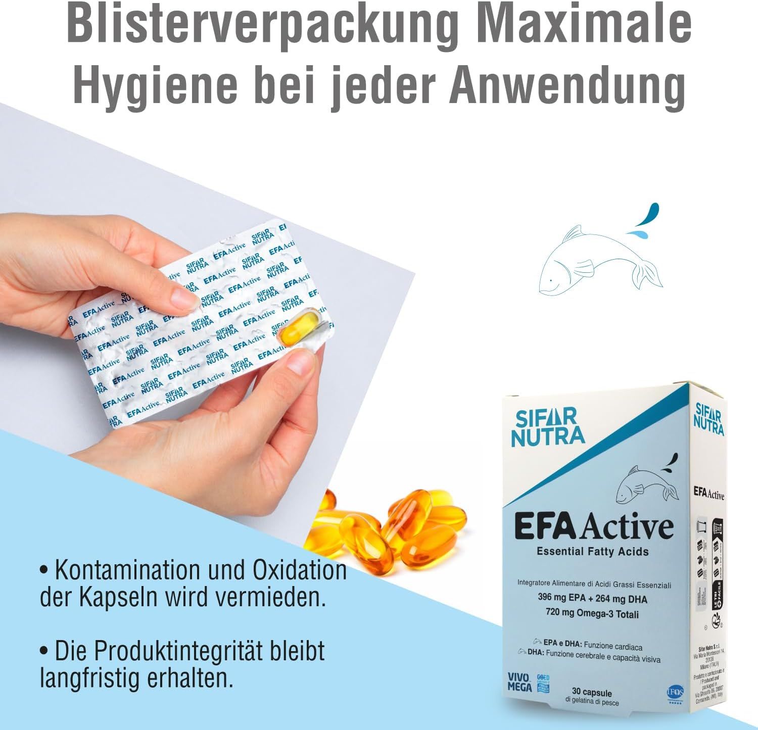 Mani che tengono un blister di capsule. Confezione del prodotto EFA Active. Testo: Massima igiene ad ogni utilizzo. 30 capsule.
