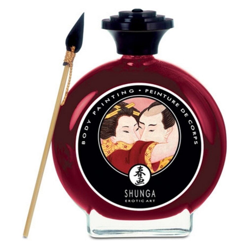 Flacone rotondo con liquido rosso, tappo nero ed etichetta. Pennello accanto. Scritta: Shunga, Body Painting.