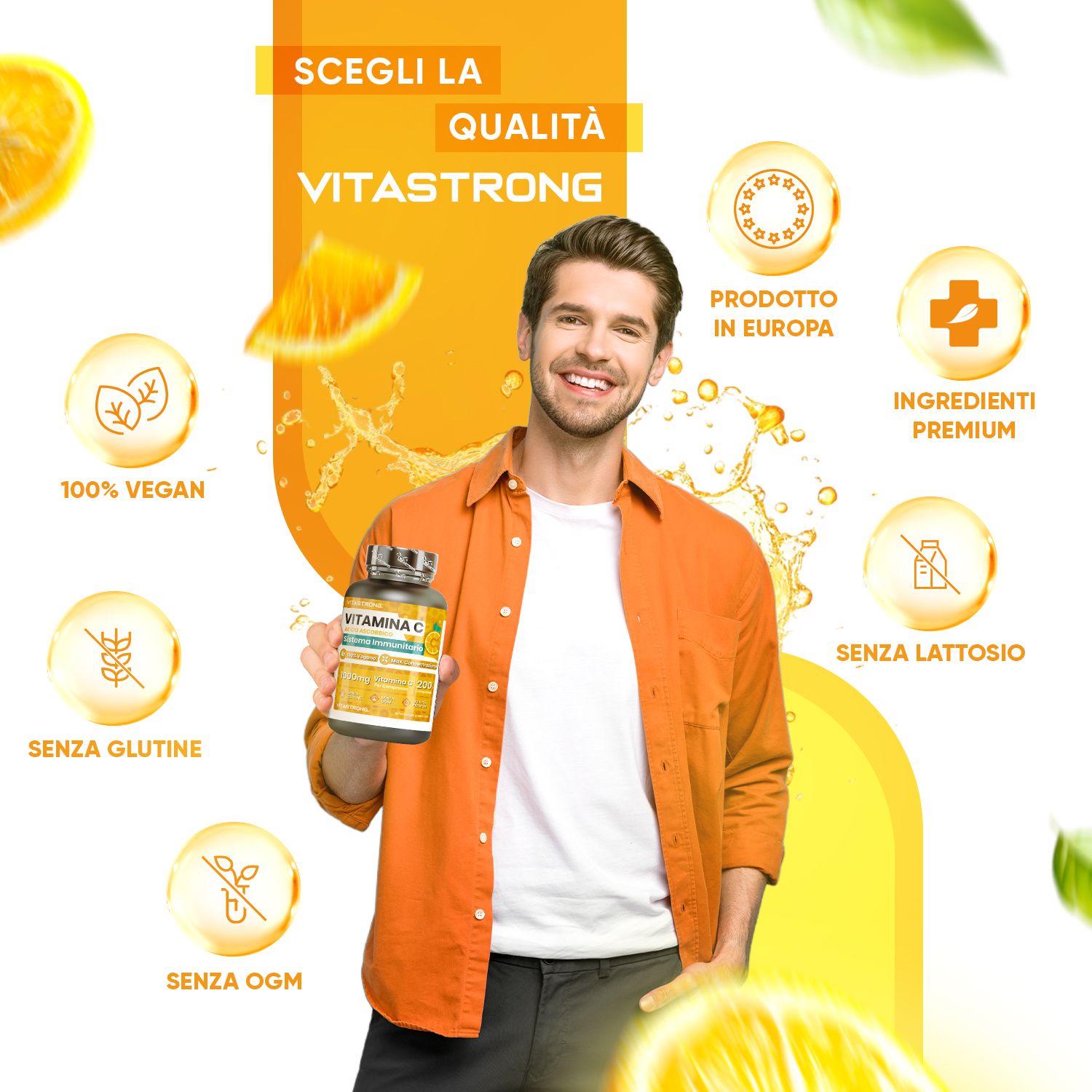 Uomo con compresse di Vitamina C Vitastrong. Flacone nero, etichetta gialla. 100% vegano, senza glutine, senza OGM, senza lattosio. Prodotto in Europa.