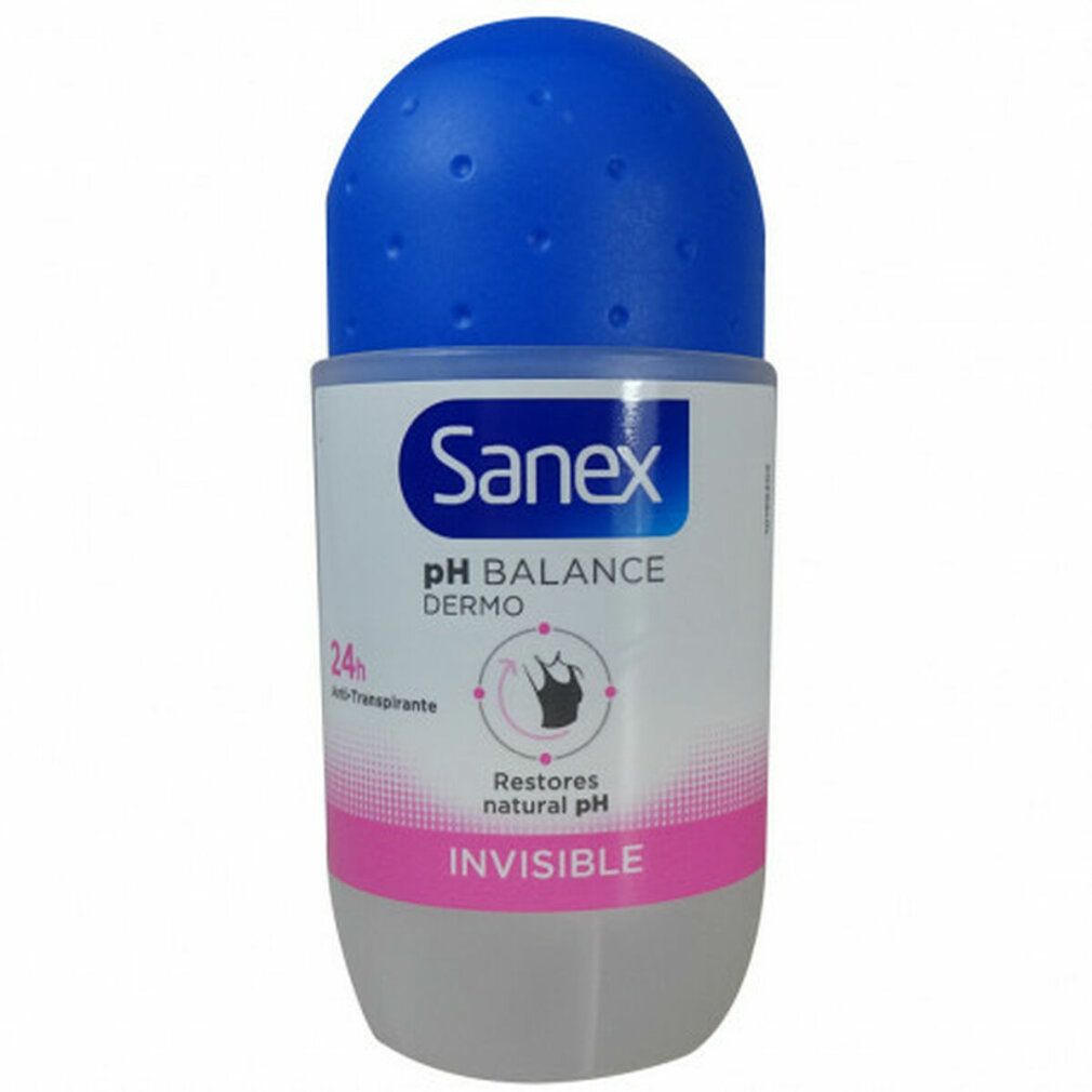 Deodorante roll-on con tappo blu e flacone bianco. Logo Sanex e indicazioni del prodotto visibili.