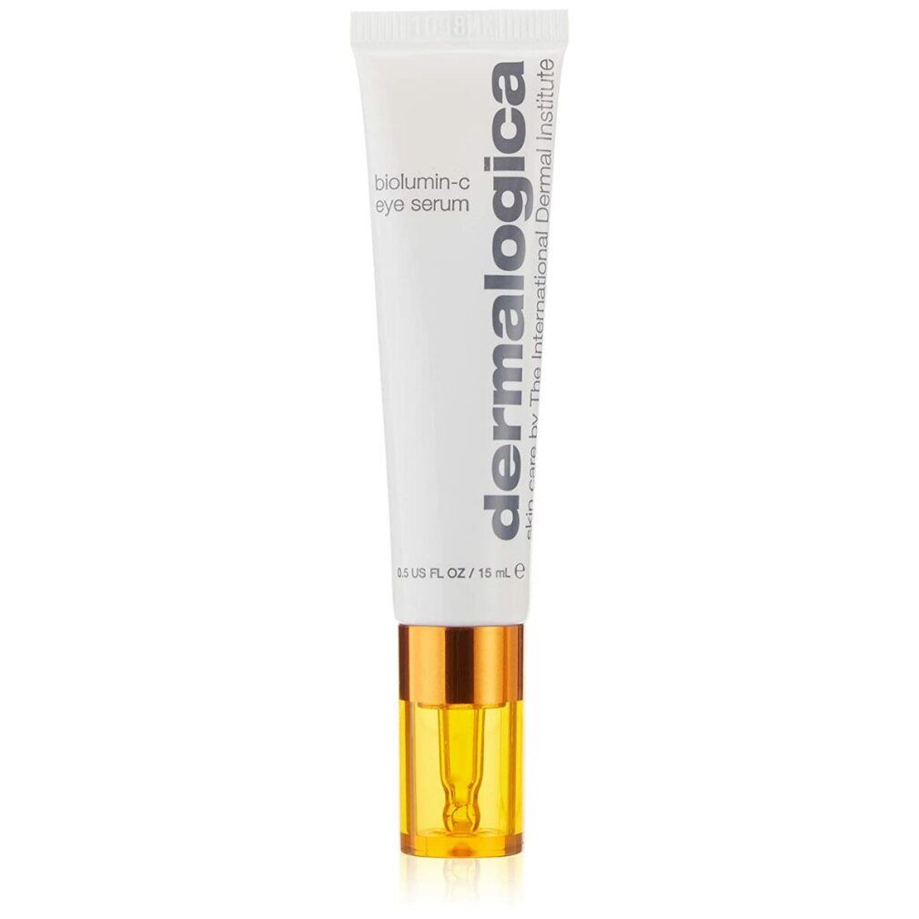 Tubo bianco con tappo dorato. Scritta: biolumin-c eye serum, Dermalogica.