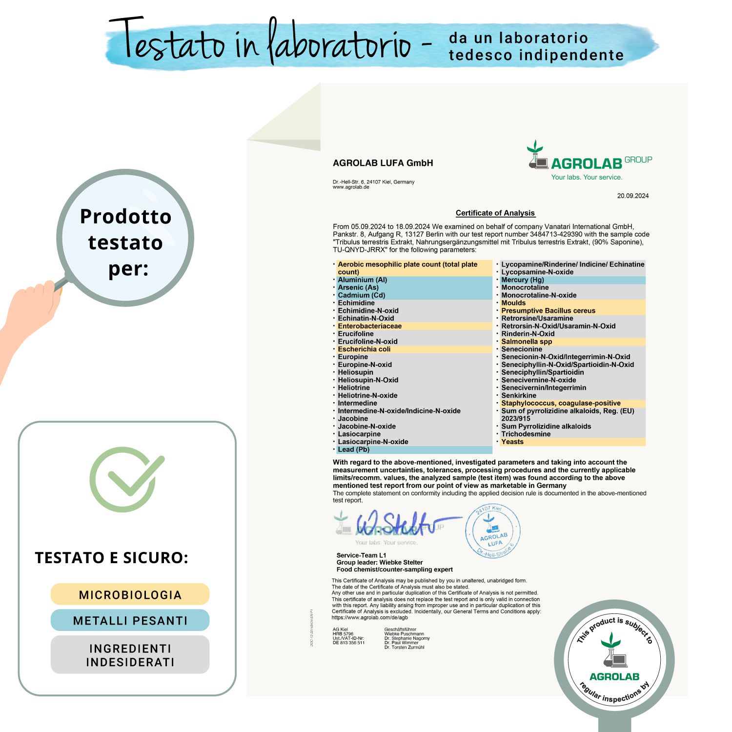 Certificato di Agrolab. Test del prodotto per microbiologia, metalli pesanti, ingredienti indesiderati. Logo Agrolab.