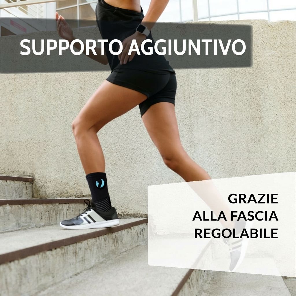 Persona con tutore alla caviglia che sale le scale. Testo: Supporto aggiuntivo, grazie alla fascia regolabile.
