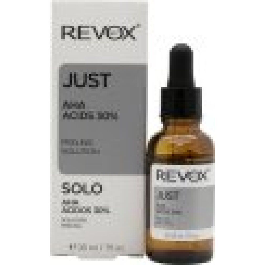 Flacone di vetro marrone con pipetta e confezione. Scritta: REVOX JUST AHA ACIDS 30%.