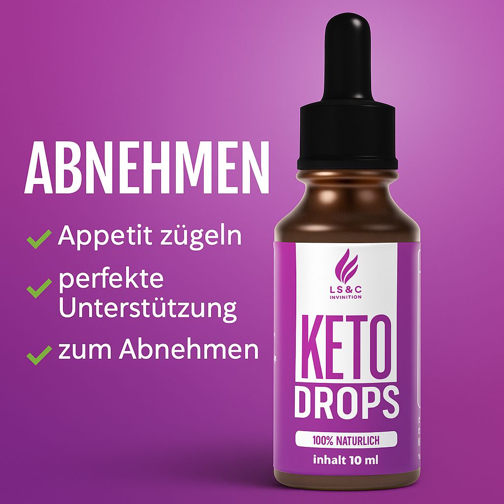 Flacone con LS&C Nutrition, Keto Drops, 100% naturale, contenuto 10 ml. Testo: Dimagrire, controlla l'appetito, supporto perfetto.