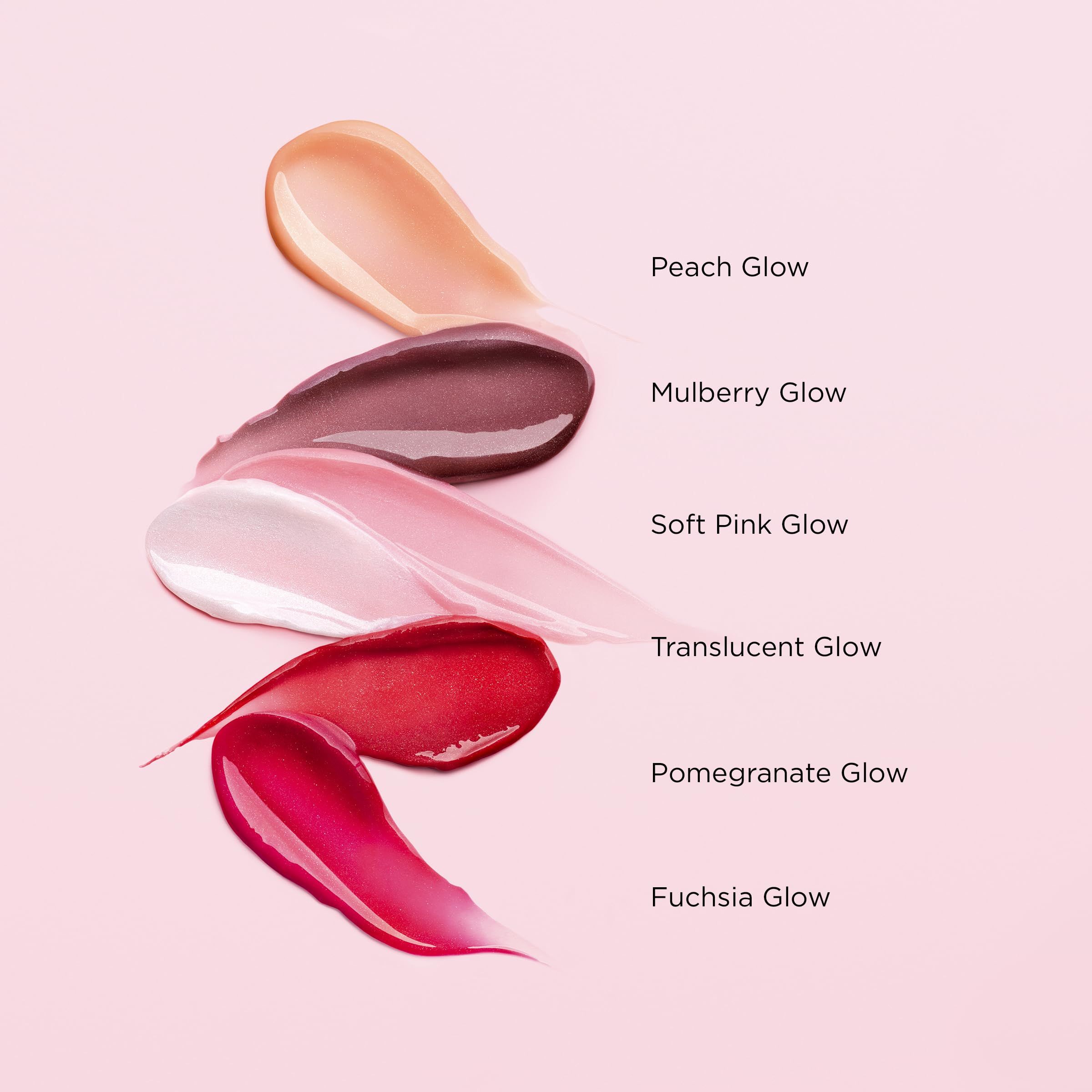 Campioni di diversi colori per labbra su sfondo rosa. Colori: Peach Glow, Mulberry Glow, Soft Pink Glow, Translucent Glow, Pomegranate Glow, Fuchsia Glow.