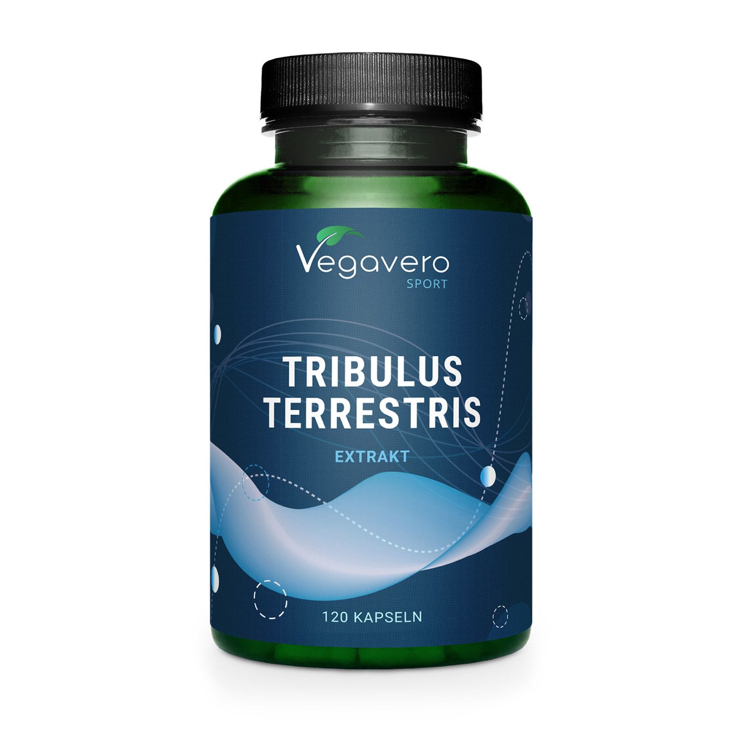 Flacone verde con tappo nero. Scritta: Tribulus Terrestris Extrakt, 120 capsule. Marchio: Vegavero Sport.