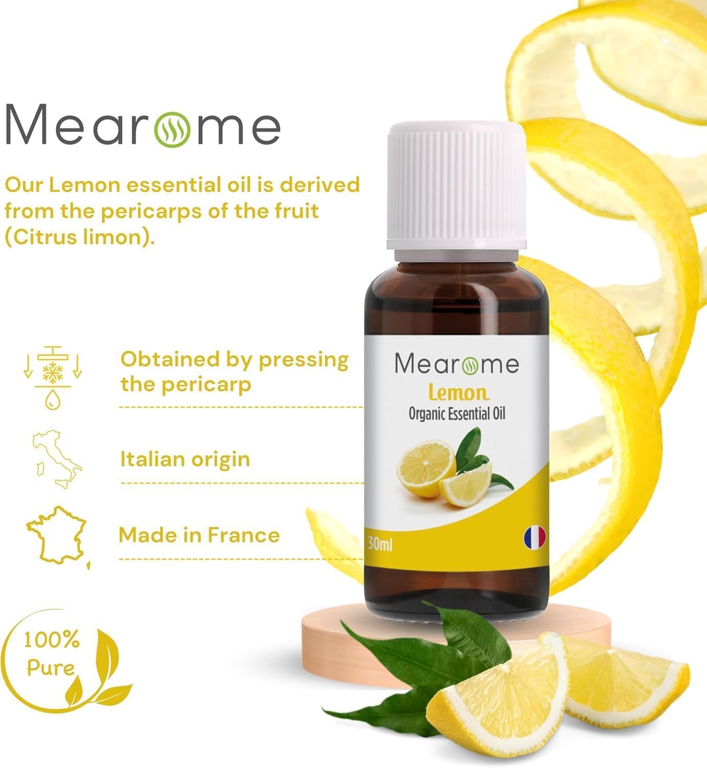 Flacone con etichetta: Mearome Lemon Organic Essential Oil. Testo: Italian origin, Made in France. 100% Pure.