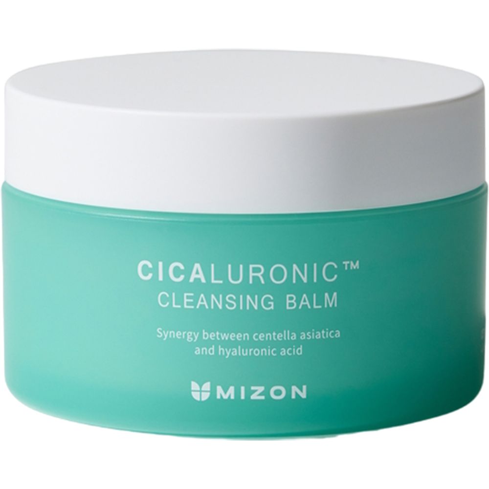 Barattolo turchese con coperchio bianco. Scritta: CICALURONIC CLEANSING BALM. Marchio: Mizon.