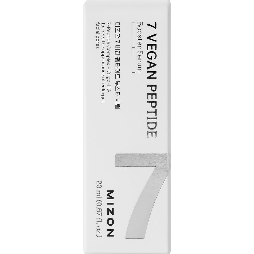 Confezione bianca con nome e logo del prodotto. Testo: 7 VEGAN PEPTIDE Booster Serum. Volume: 20 ml. Marchio: MIZON.