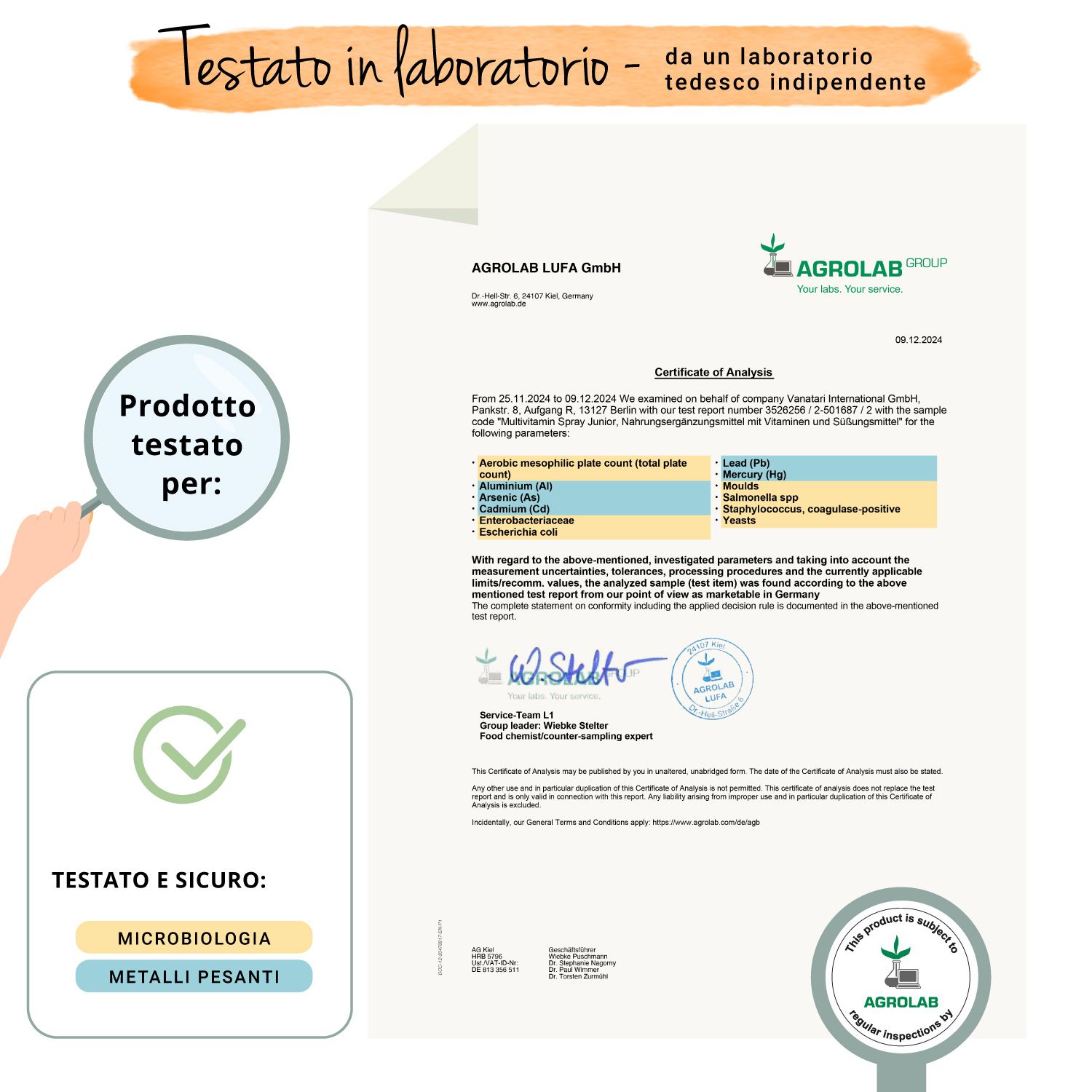 Certificato di AGROLAB LUFA GmbH. Risultati dei test per il prodotto. Logo e timbro.