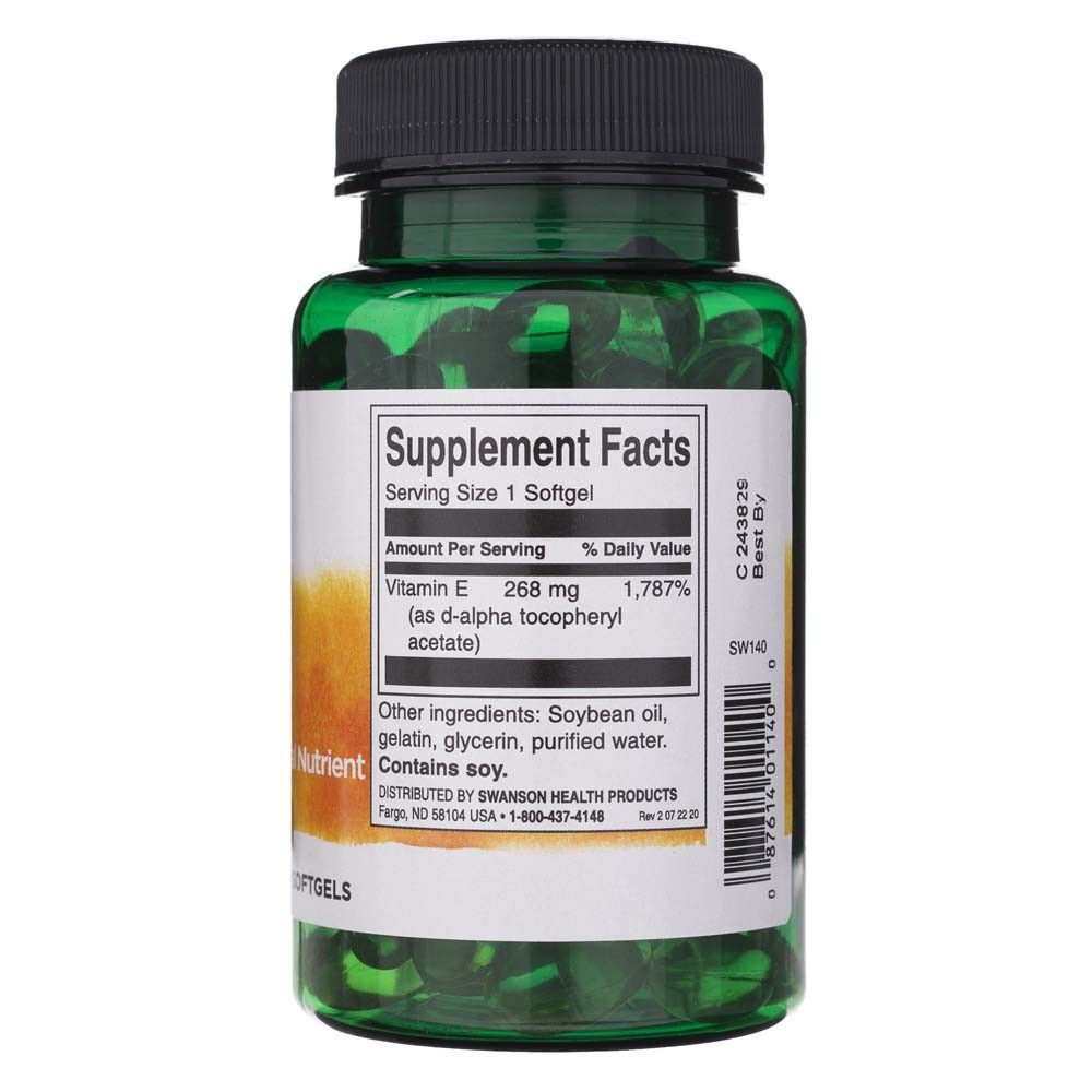 Retro del flacone con informazioni nutrizionali per Swanson Vitamina E Naturale, 100 softgel.