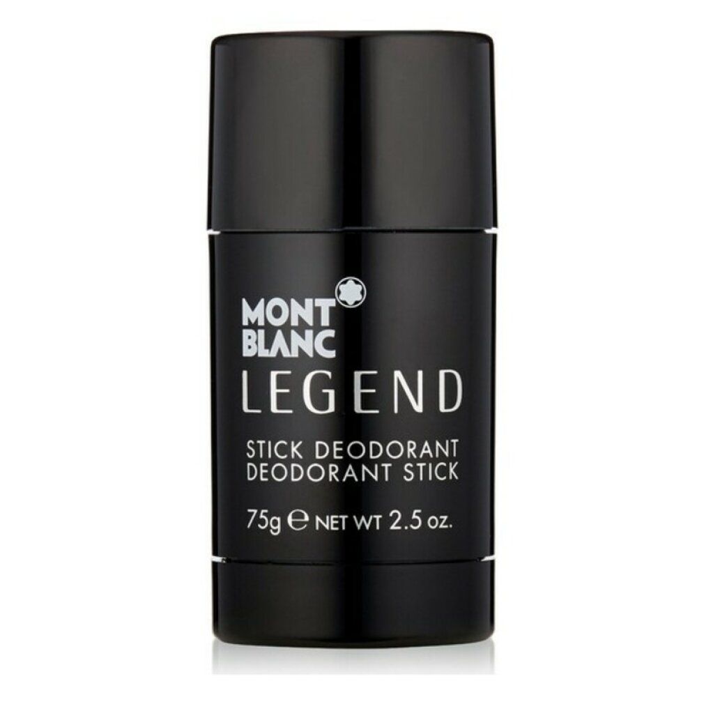 Stick deodorante nero. Scritta: MONTBLANC LEGEND, STICK DEODORANT, 75g e NET WT. 2.5 oz.