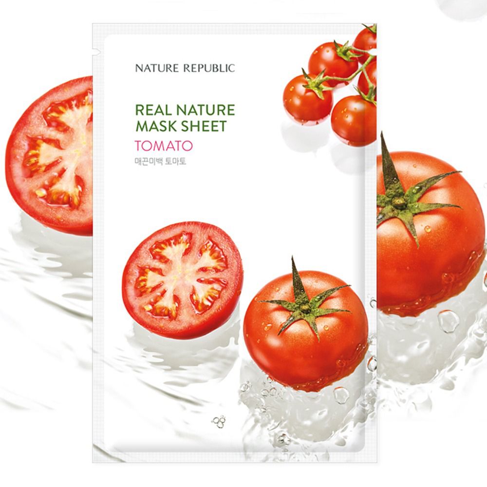 Confezione con illustrazione del prodotto. Scritta: NATURE REPUBLIC, REAL NATURE MASK SHEET, TOMATO. Illustrazioni di pomodori.