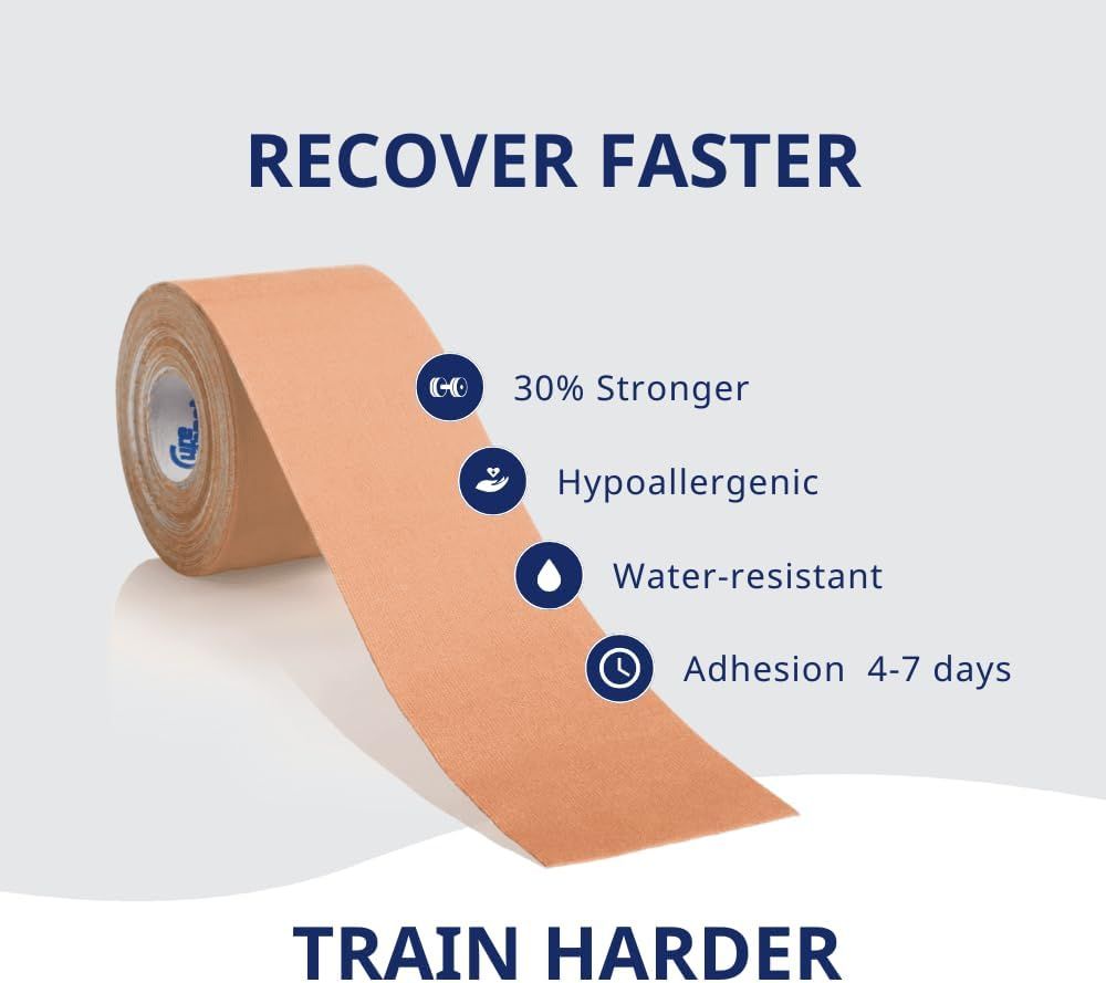 Rotolo di nastro kinesiologico beige. Caratteristiche: 30% più forte, ipoallergenico, resistente all'acqua, adesione 4-7 giorni. Testo: Recover Faster, Train Harder.