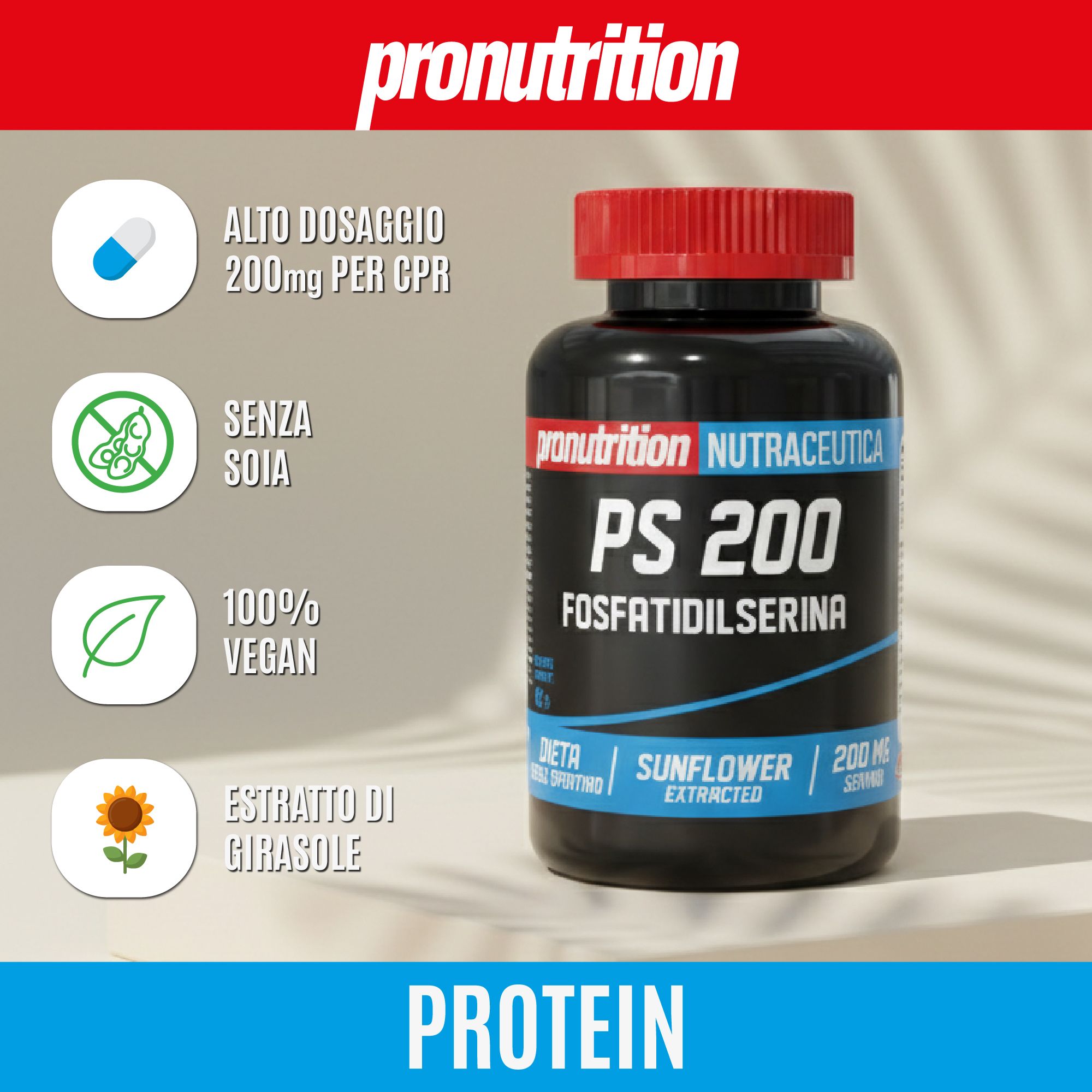 Flacone nero con tappo rosso. Scritta PS 200, Fosfatidilserina. Vegano, senza soia.