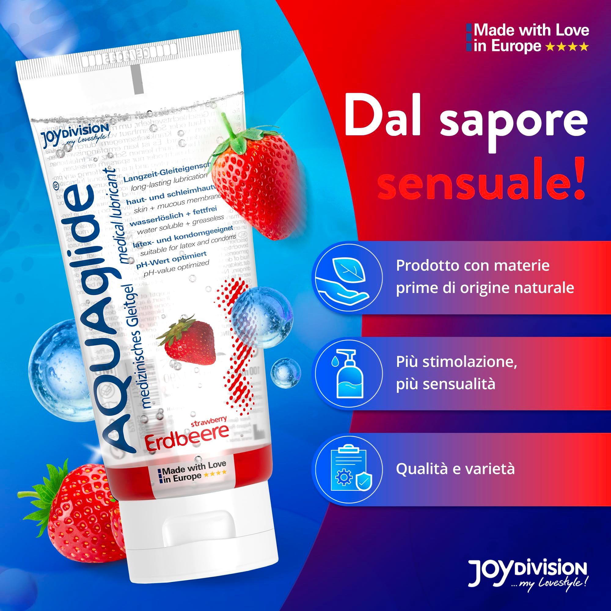 Tubo di gel lubrificante AquaGlade Fragola, con fragole e bolle d'acqua.